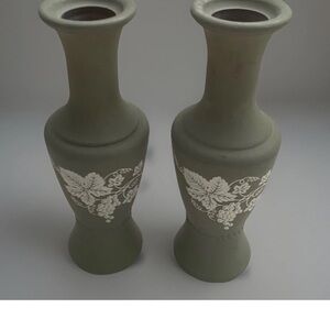 Vintage Bud Vase Set Of 2 Sage Green Floral Leaves Grapes Print